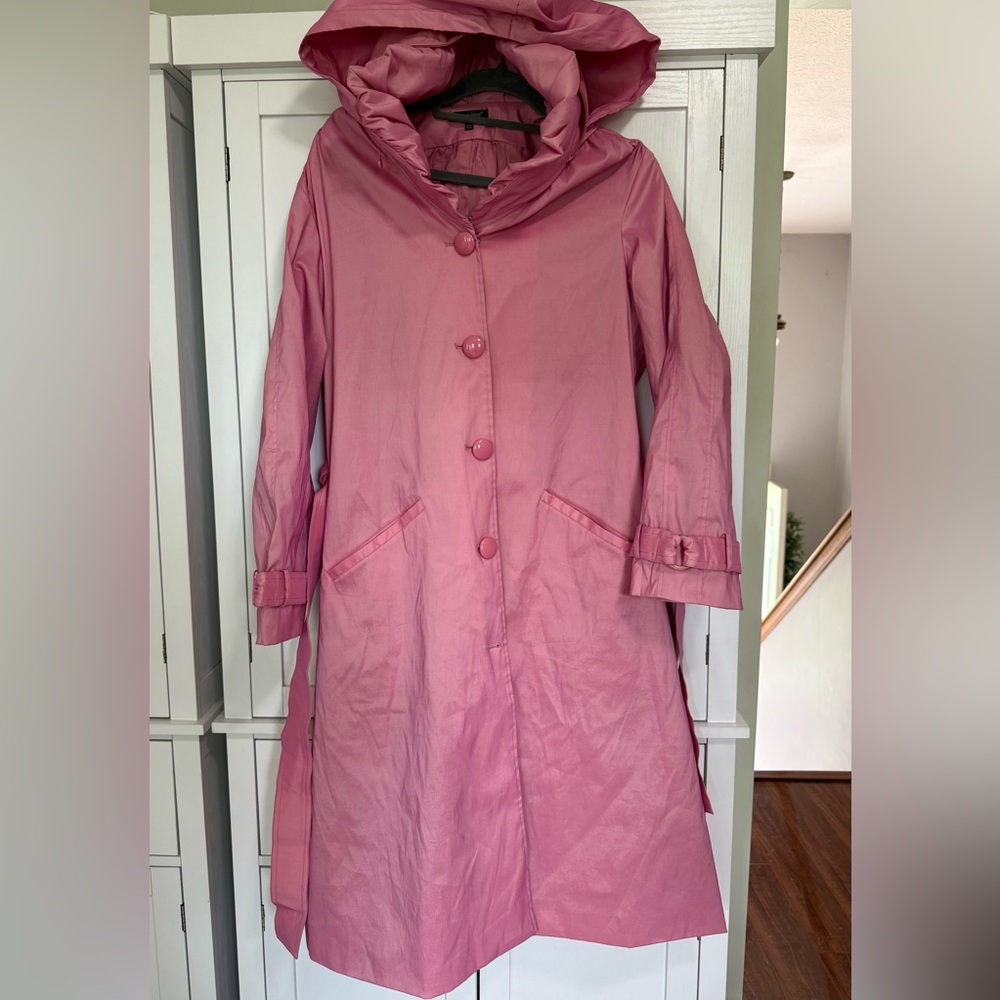 Samuel Dong Pink Hooded Belted Trench Coat L Statement Designer Artsy Coquette - Picture 2 of 10